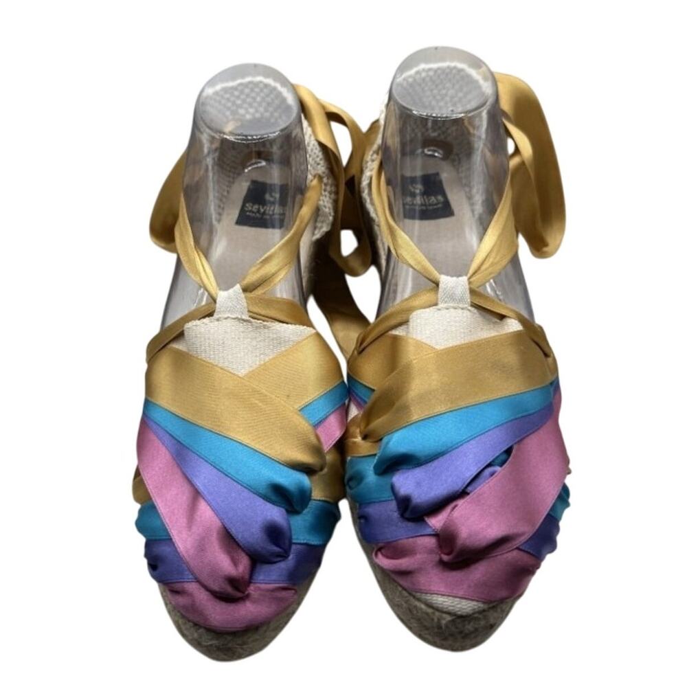 Sevillas Women Multicolored Ribbon Wedge Espadrille Sandals Gold Ties Size 42